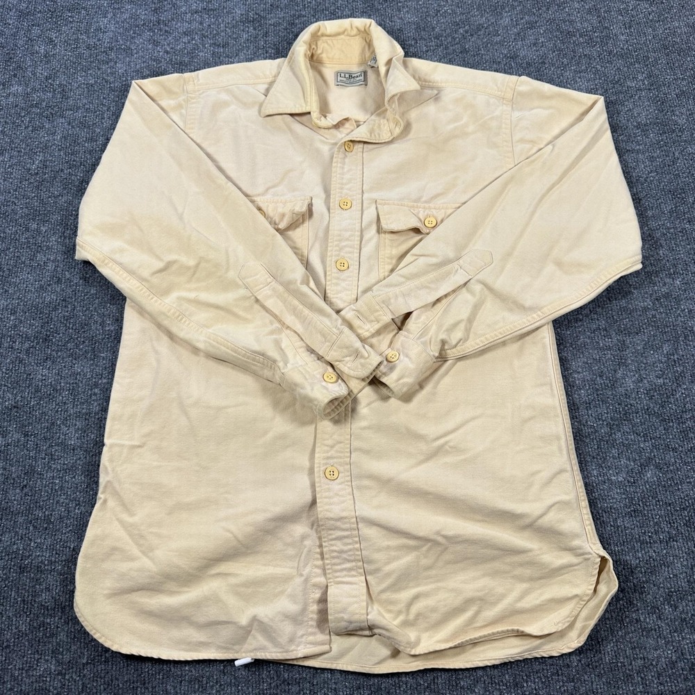 L.L. Bean Button Up Shirt Mens Small Beige Good Long Sleeve Pockets 0M703